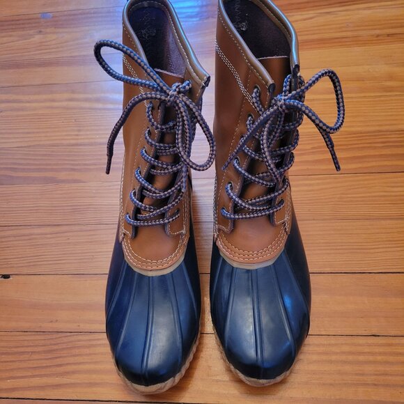 Lands End Rubber Duck Boots Waterproof 7 Brown Blue Lace Up Spring Leather - Picture 2 of 9